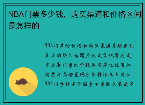 NBA门票多少钱，购买渠道和价格区间是怎样的